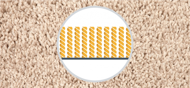 Cross section of cut pile yarns in a saxony carpet on a neutral carpet background